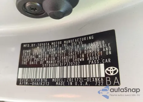 2015 Toyota Corolla Le Plus from USA, damaged, VIN 5YFBURHEXFP320202